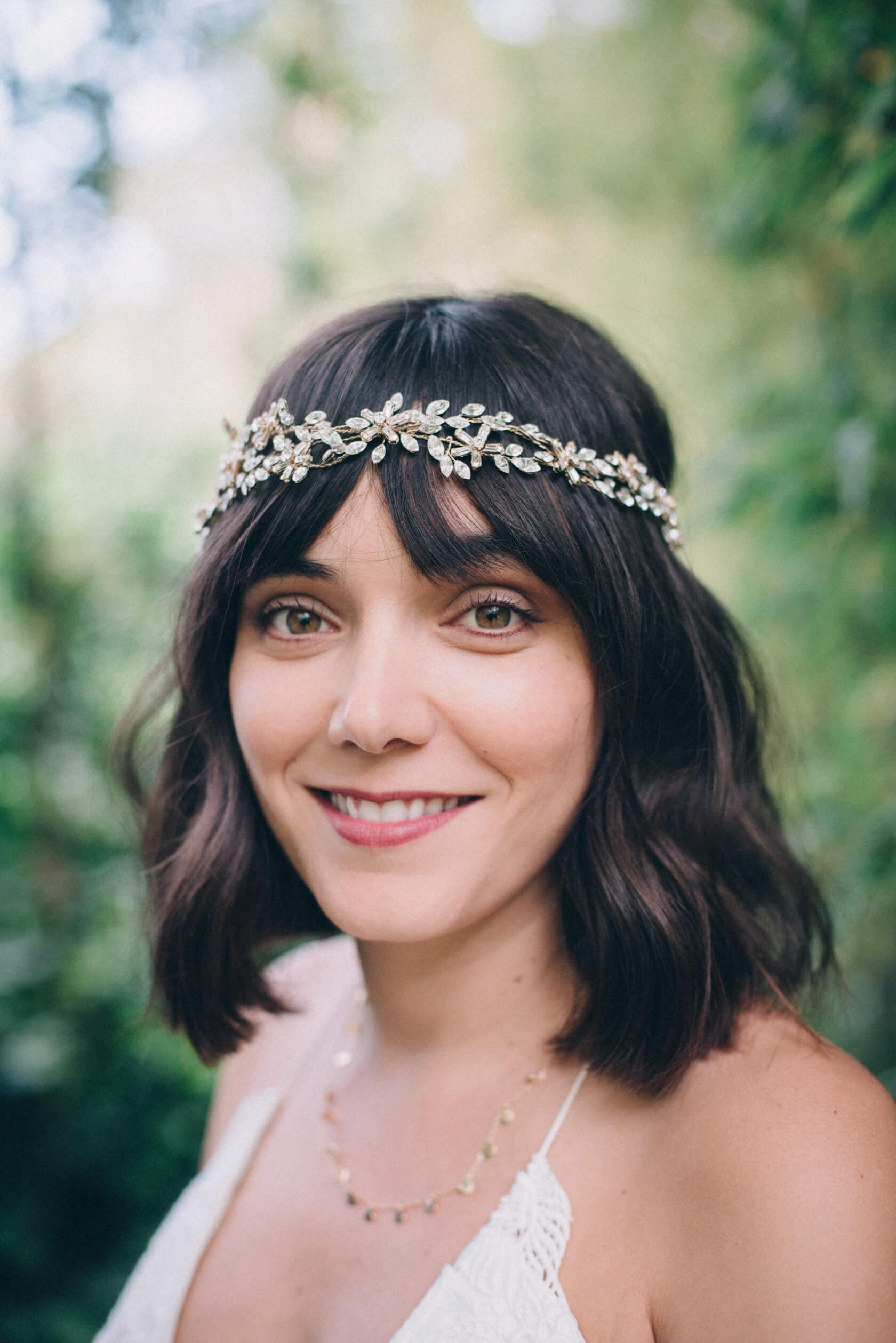 Bride Clara at Villa Almanita, Sitges, wearing a floral headpiece - Barcelona Wedding Photographer