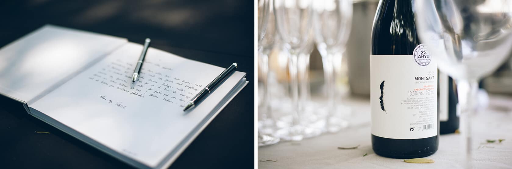Hotel Miramar Barcelona wedding: notebook and pens, wine bottle with label - Barcelona Wedding Photographer