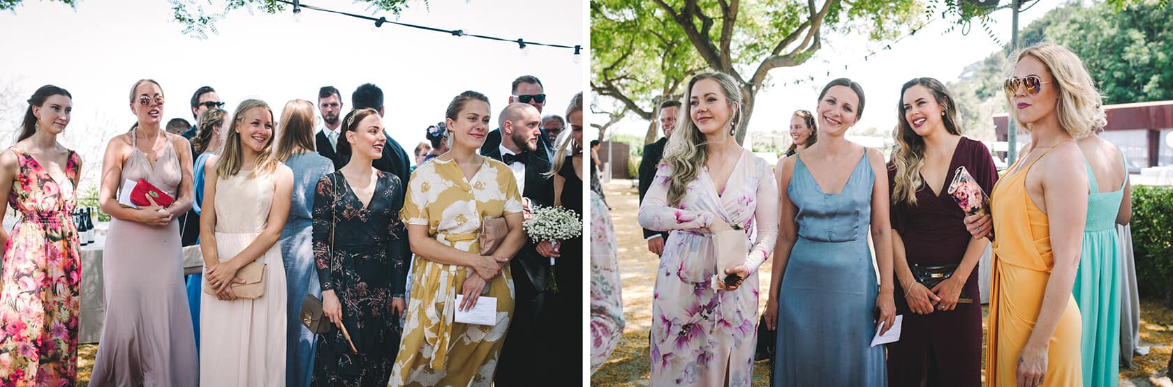 Wedding guests at Hotel Miramar Barcelona, women in colorful dresses. - Barcelona Wedding Photographer
