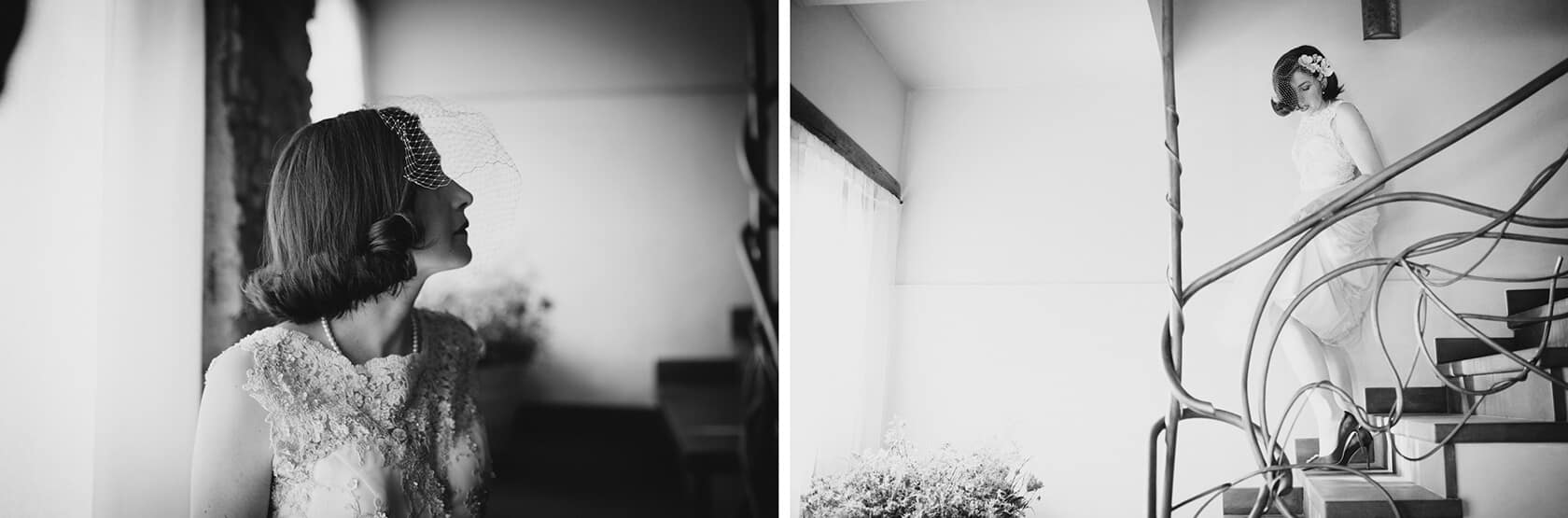 Bride in vintage style wedding dress and veil, black and white - Barcelona Wedding Photographer