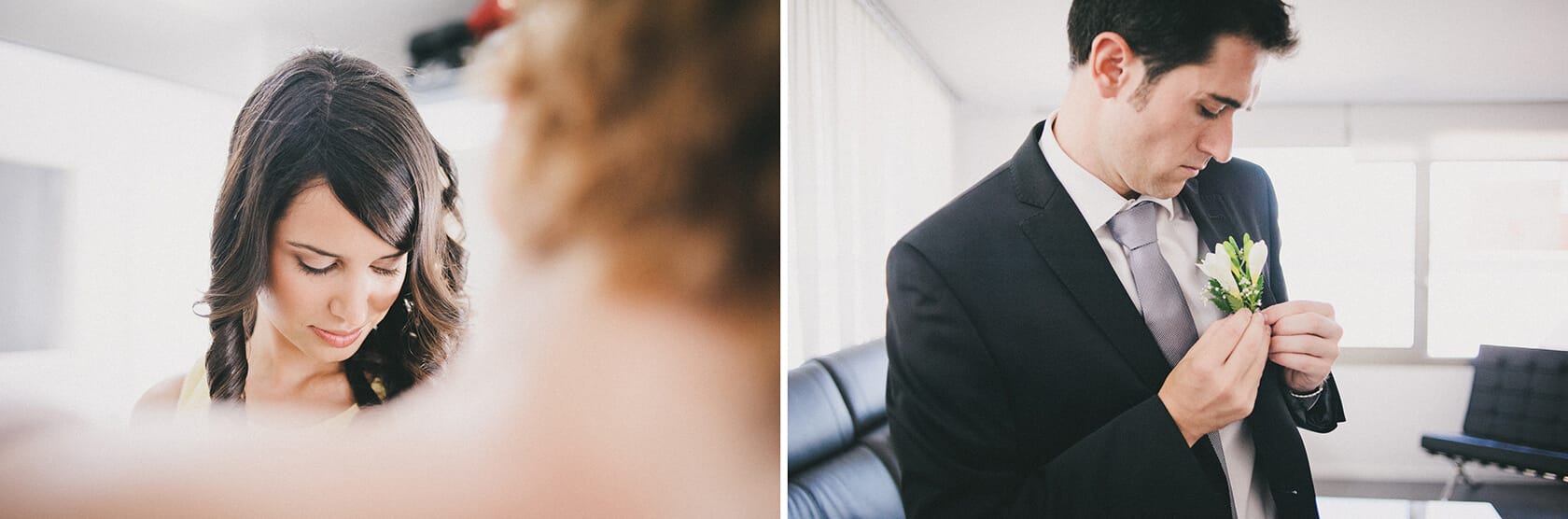 Bride getting ready, groom adjusting boutonniere, wedding photographer Barcelona - Barcelona Wedding Photographer