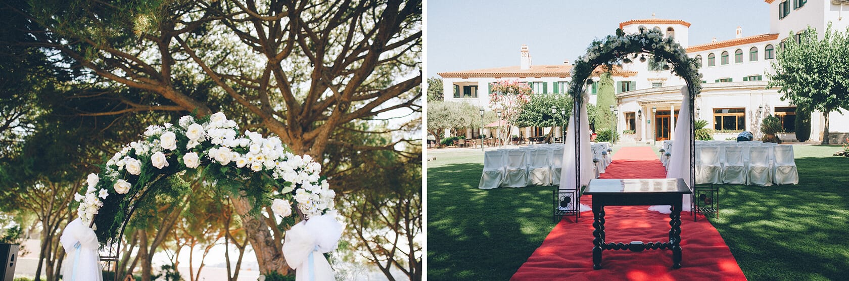Wedding ceremony setup with floral arch and chairs in S'Agaro, Spain. - Barcelona Wedding Photographer