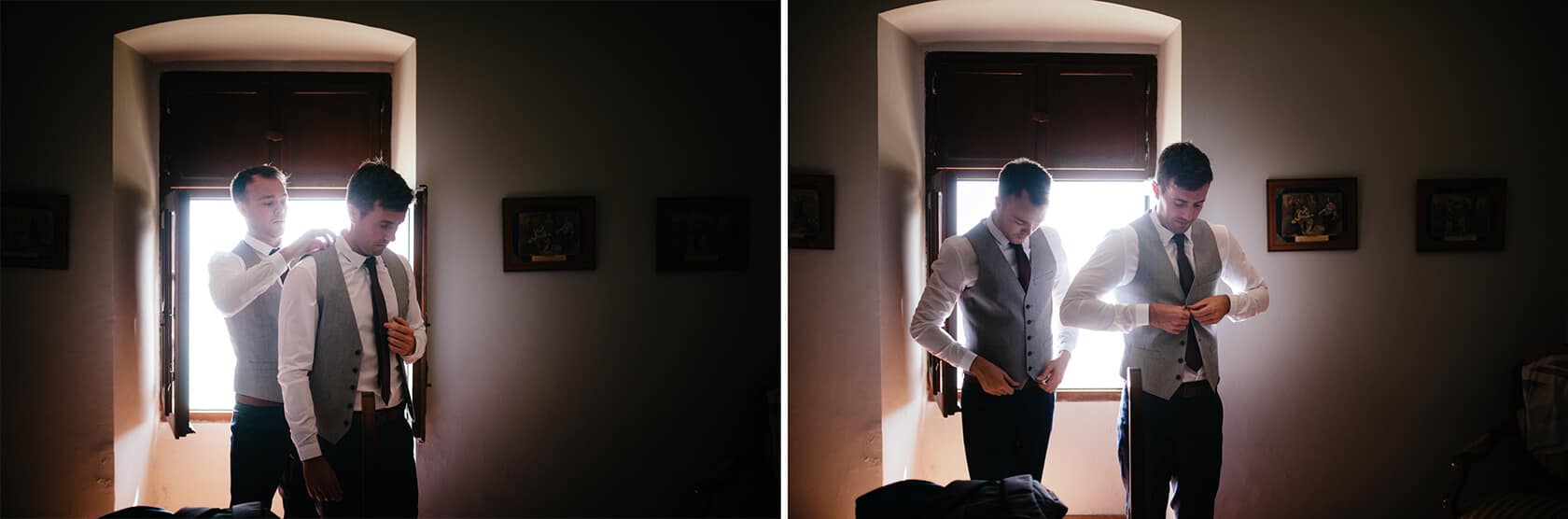 Groomsmen dressing for a wedding at Castell de Tamarit, Sitges. - Barcelona Wedding Photographer