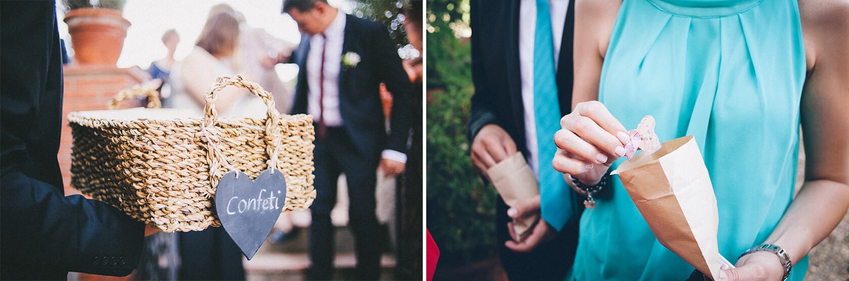 Wedding photographer Barcelona capturing a confetti basket and guests at Cris & Rafa's wedding. - Barcelona Wedding Photographer
