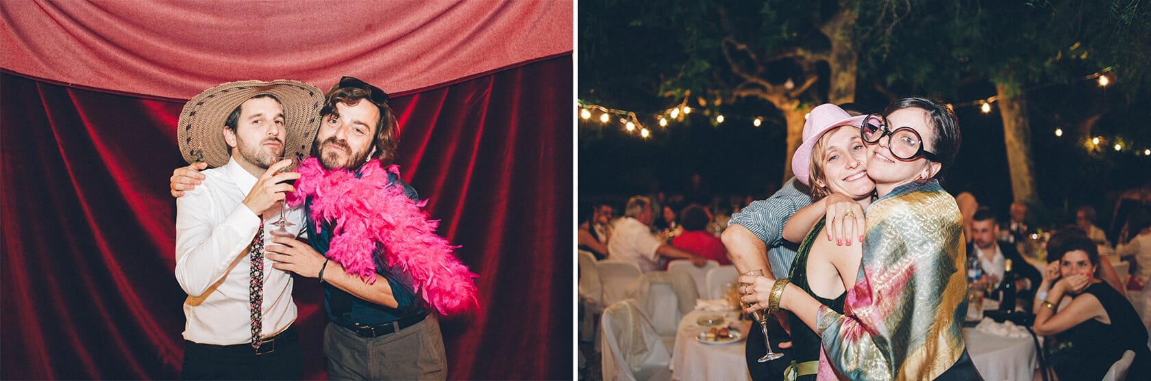 Wedding guests posing in a photo booth and embracing at a Barcelona wedding - Barcelona Wedding Photographer