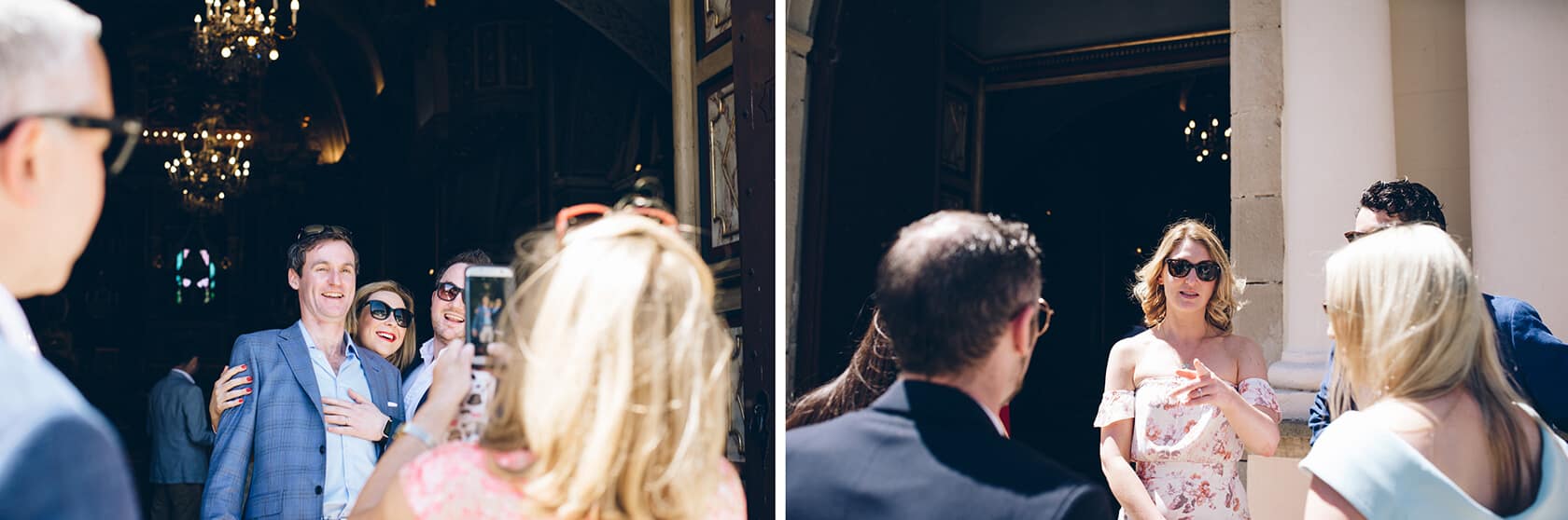 Wedding guests at Casanova Estate, bride in floral dress, groom in blue suit - Barcelona Wedding Photographer