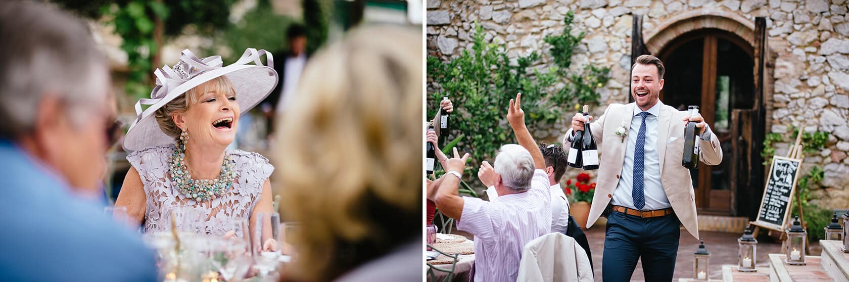 Guests celebrating with wine bottles at Casa Felix wedding venue