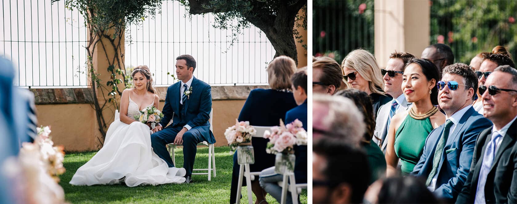 Juliette & Chris Torre del Veguer wedding: bride and groom seated, guests watch ceremony. - Barcelona Wedding Photographer