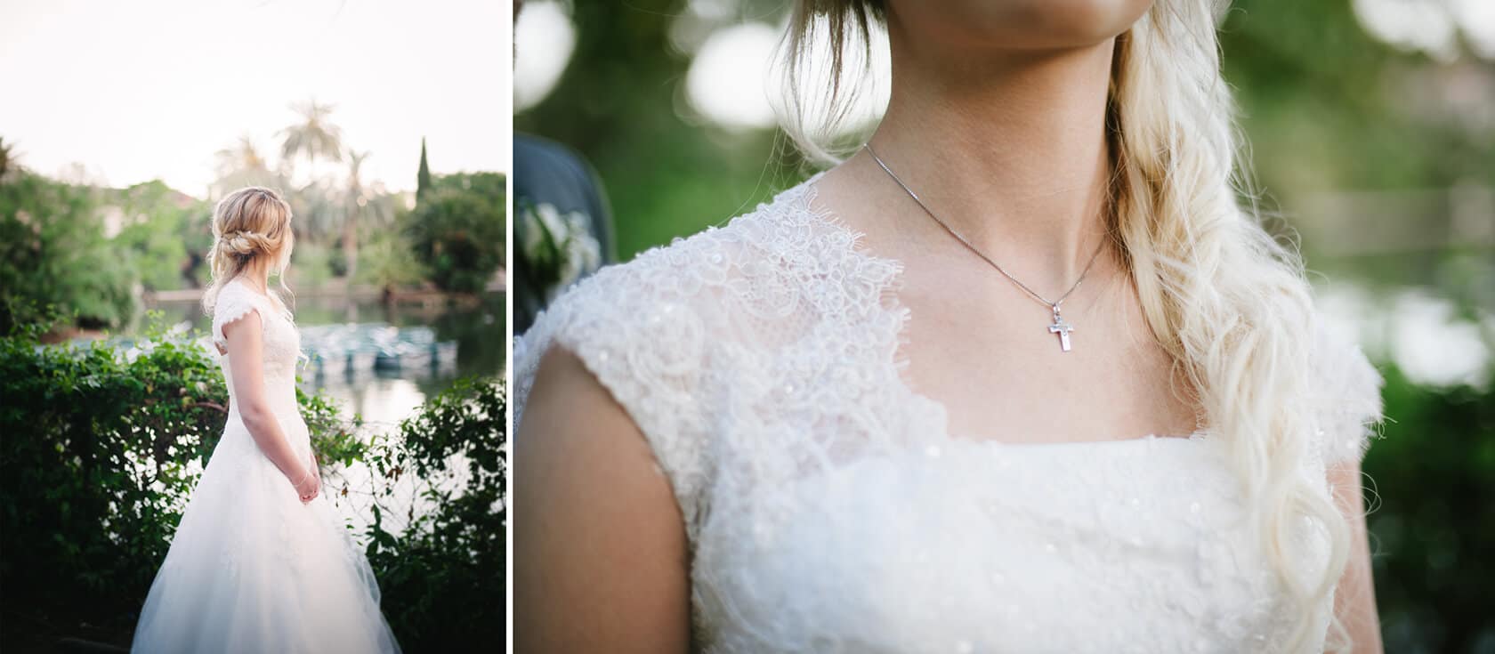 Bride in a lace wedding dress with a cross necklace, Barcelona-bryllup-fotograf - Barcelona Wedding Photographer