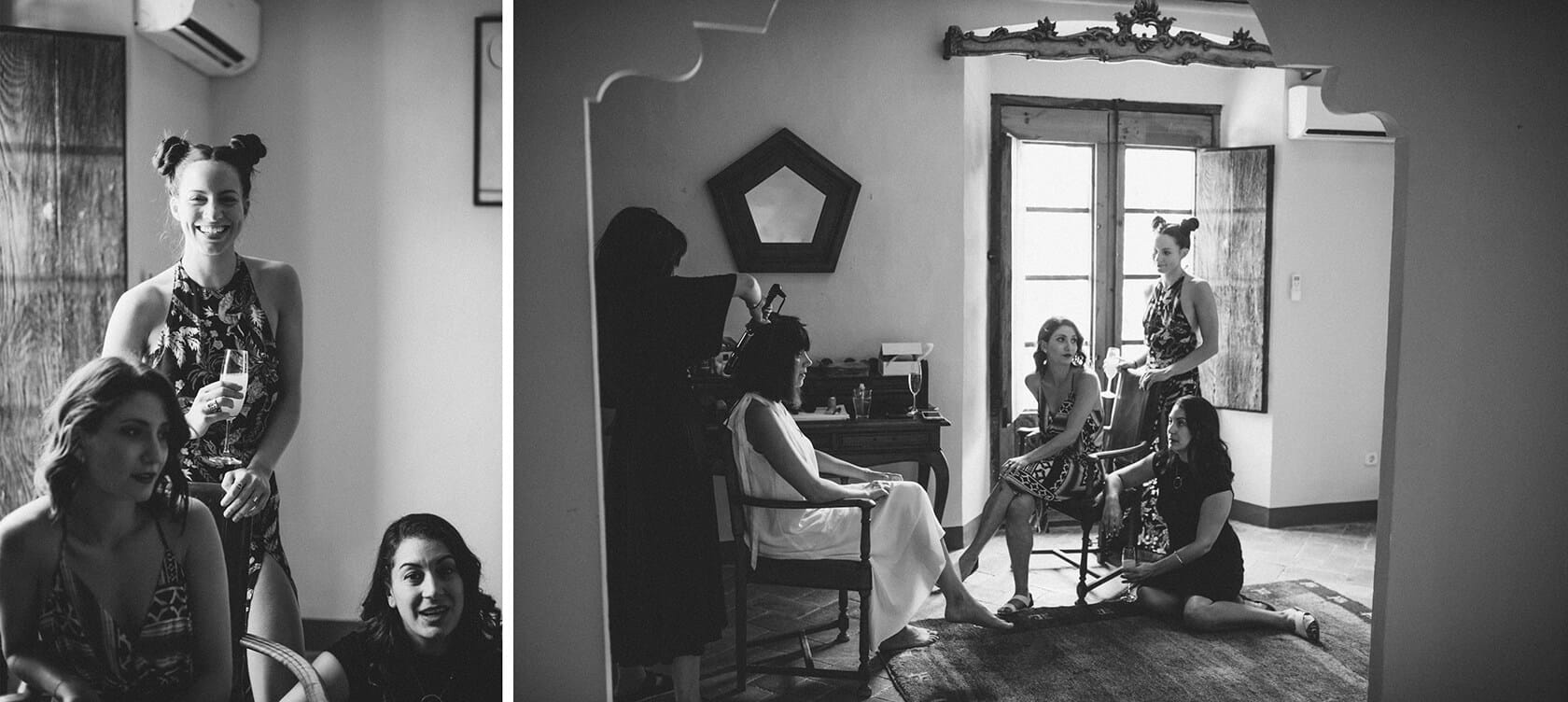 Bride and bridesmaids getting ready at Villa Almanita, Sitges destination wedding - Barcelona Wedding Photographer
