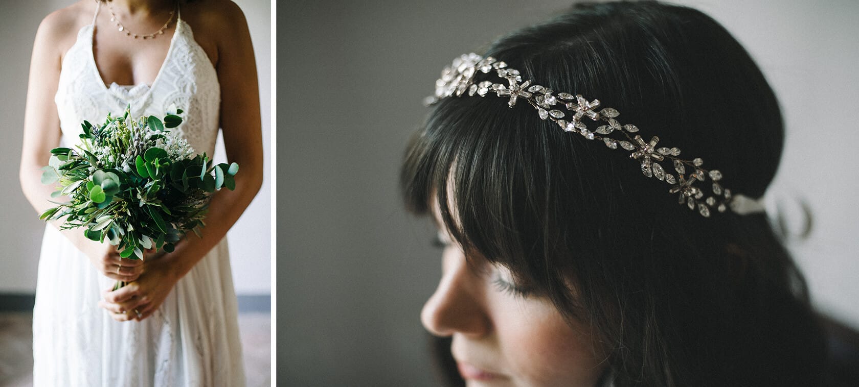 Bride with bouquet and floral headband at Villa Almanita Sitges destination wedding - Barcelona Wedding Photographer