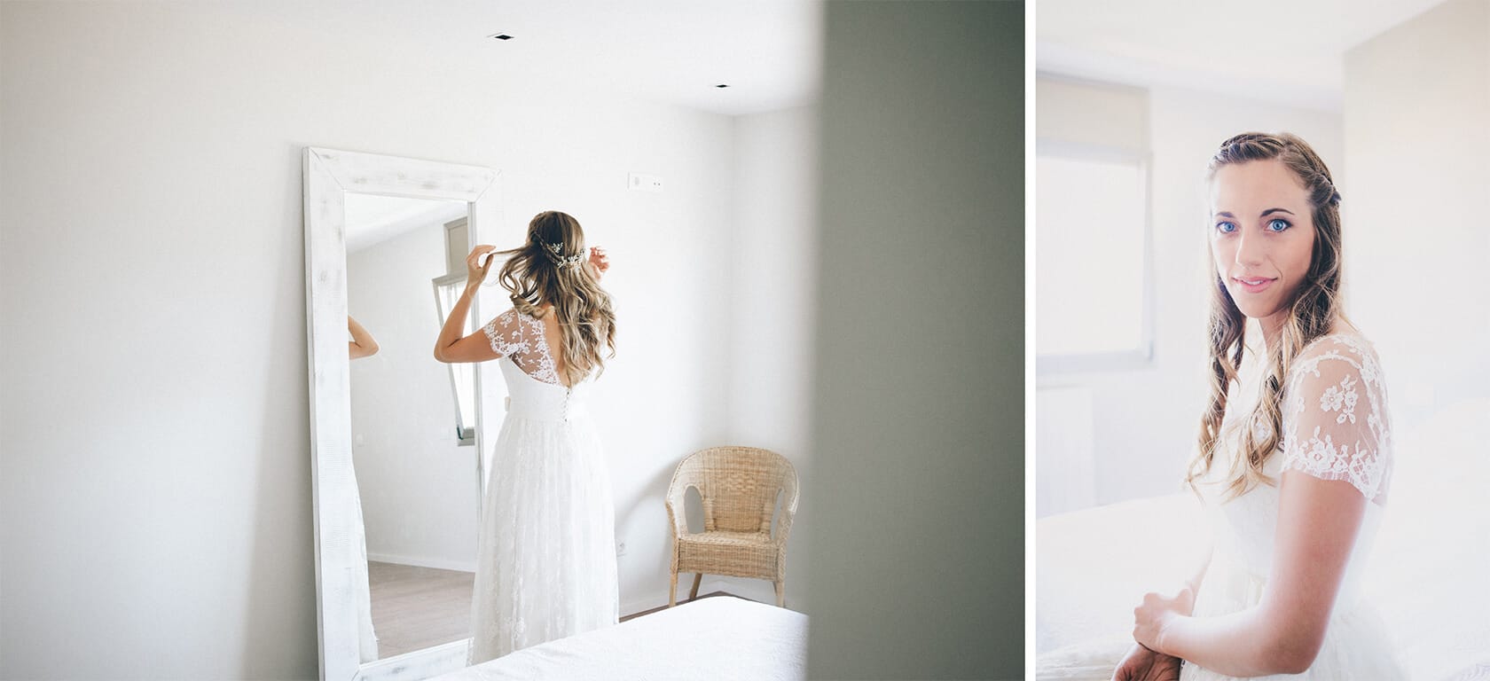 Bride in a lace dress getting ready for her wedding in Barcelona. - Barcelona Wedding Photographer