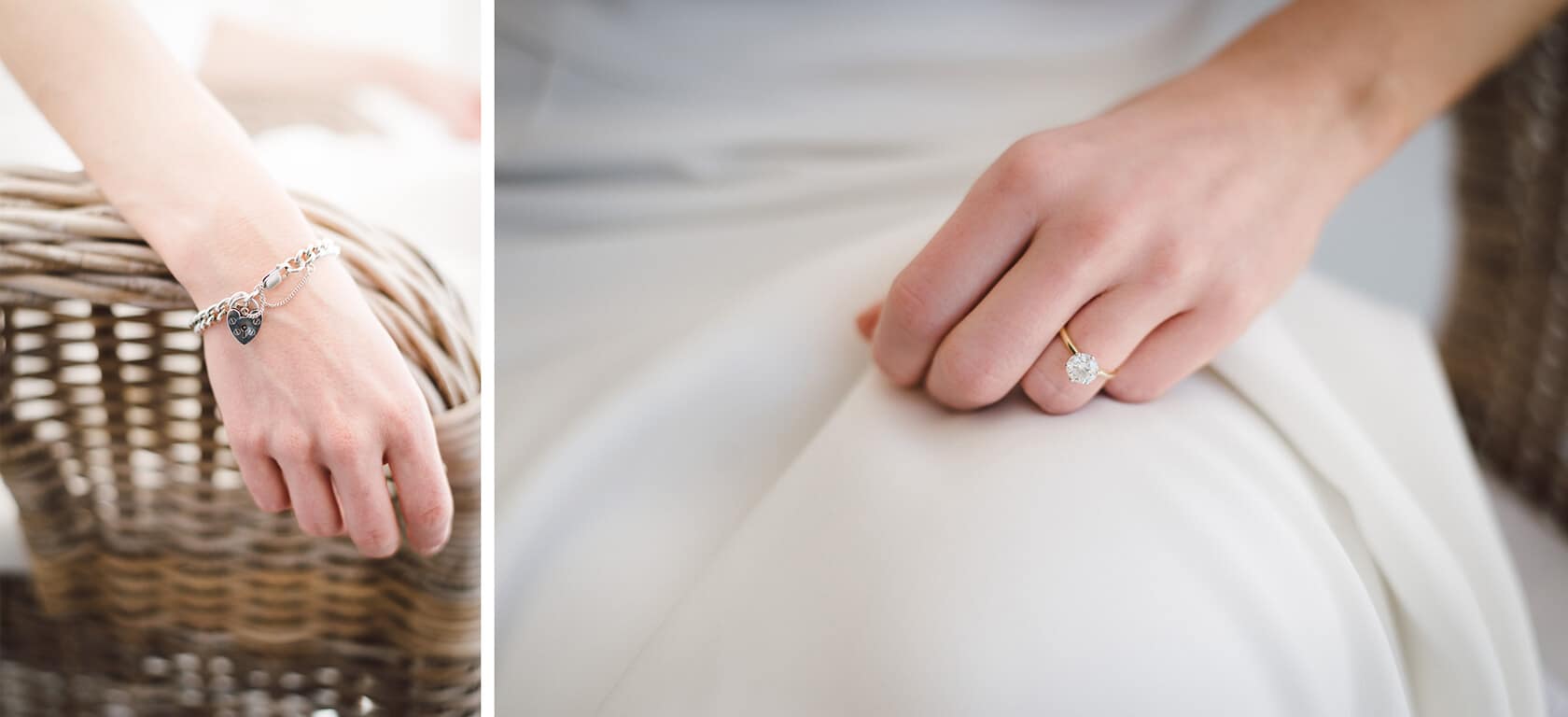 Bride's hand with engagement ring and charm bracelet at Casanova Estate wedding. - Barcelona Wedding Photographer