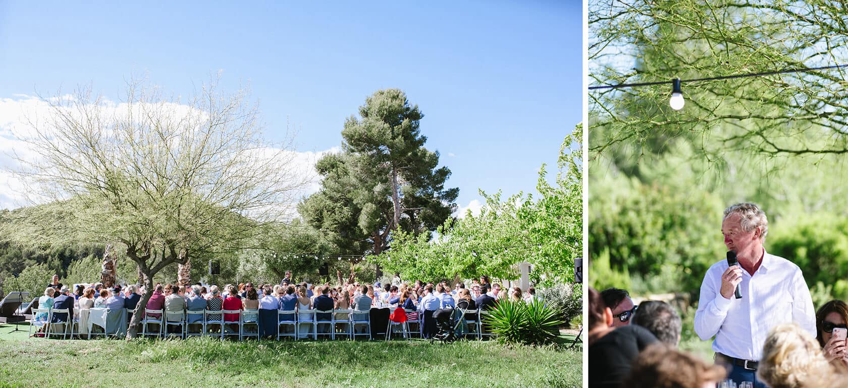 Outdoor wedding reception at Casanova Estate with guests seated at long tables. - Barcelona Wedding Photographer
