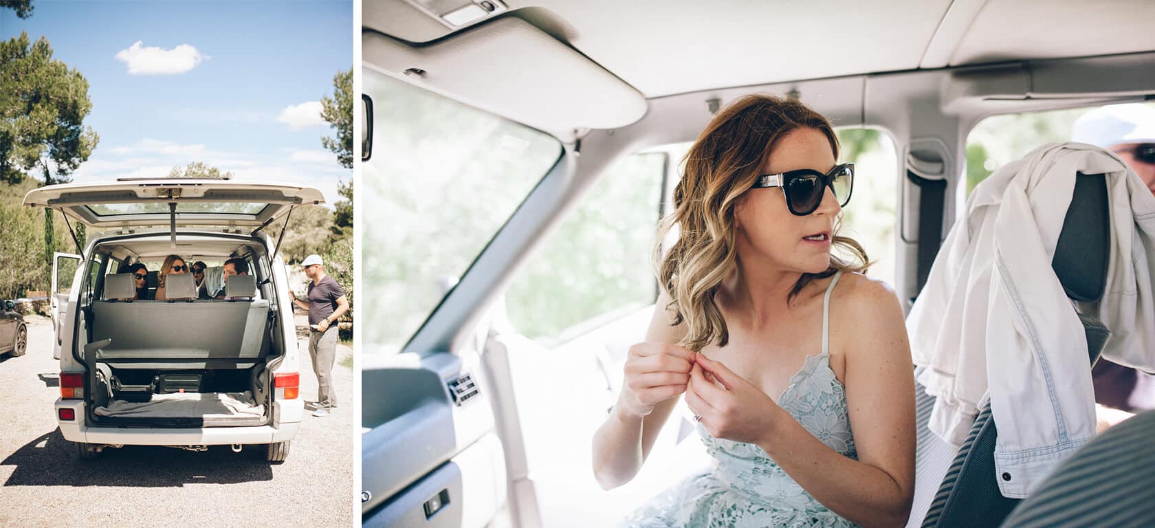 Catherine and James wedding: Guests arrive at Casanova Estate in a van. - Barcelona Wedding Photographer