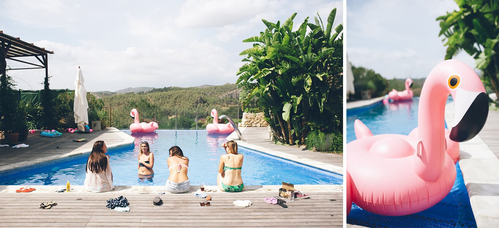 Women relax by a pool with flamingo floats at a wedding villa in Sitges. - Barcelona Wedding Photographer