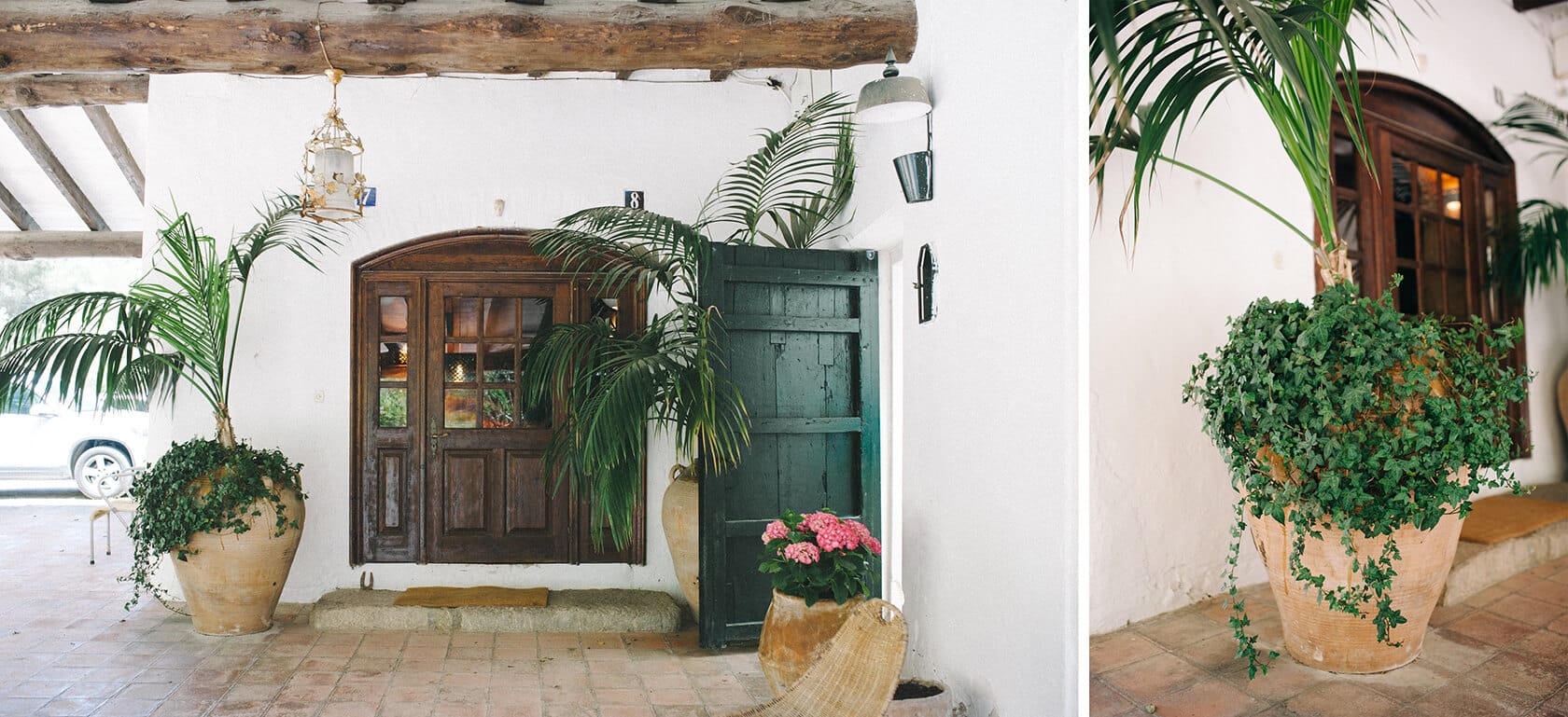 Clara & Toph's destination wedding villa in Sitges: Rustic entryway with potted plants. - Barcelona Wedding Photographer