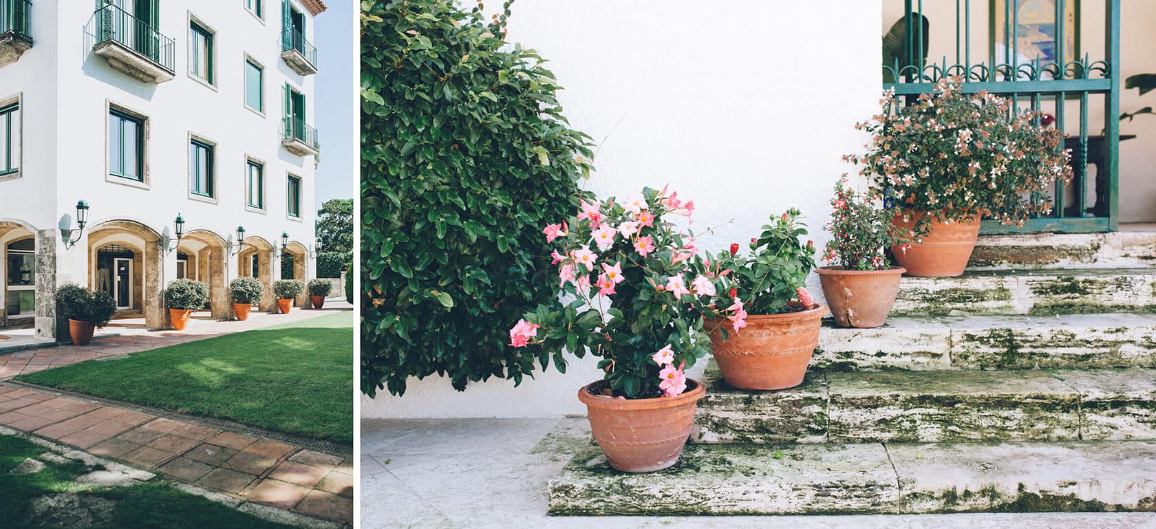 Tsega & Anders wedding photographer S'Agaro Spain: White building with plants and flowers - Barcelona Wedding Photographer