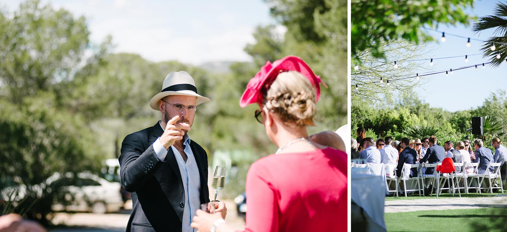 Guests in hats at Casanova Estate wedding venue, a man in a fedora talks to a woman in pink. - Barcelona Wedding Photographer