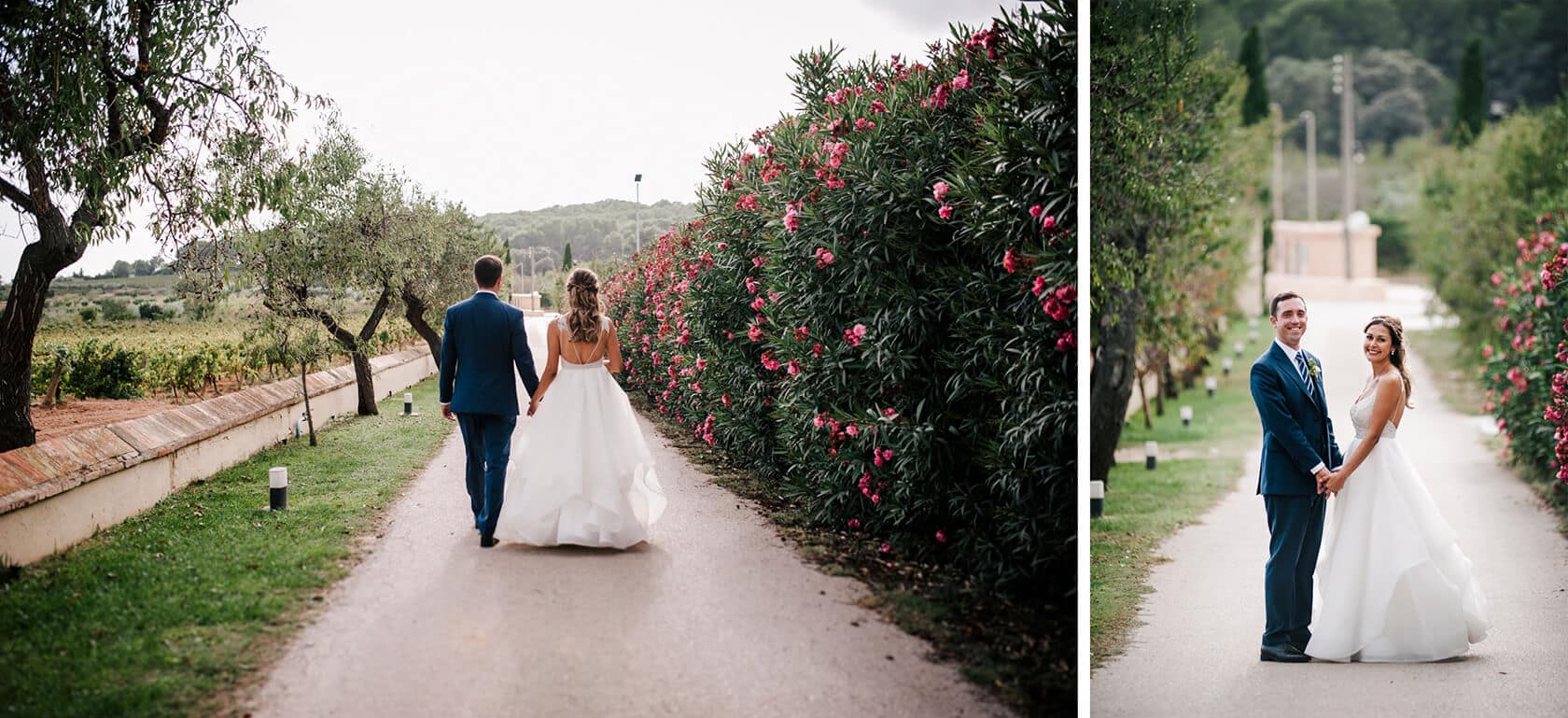 Hayley and Mark, a bride and groom, walk hand-in-hand at their wedding. - Barcelona Wedding Photographer