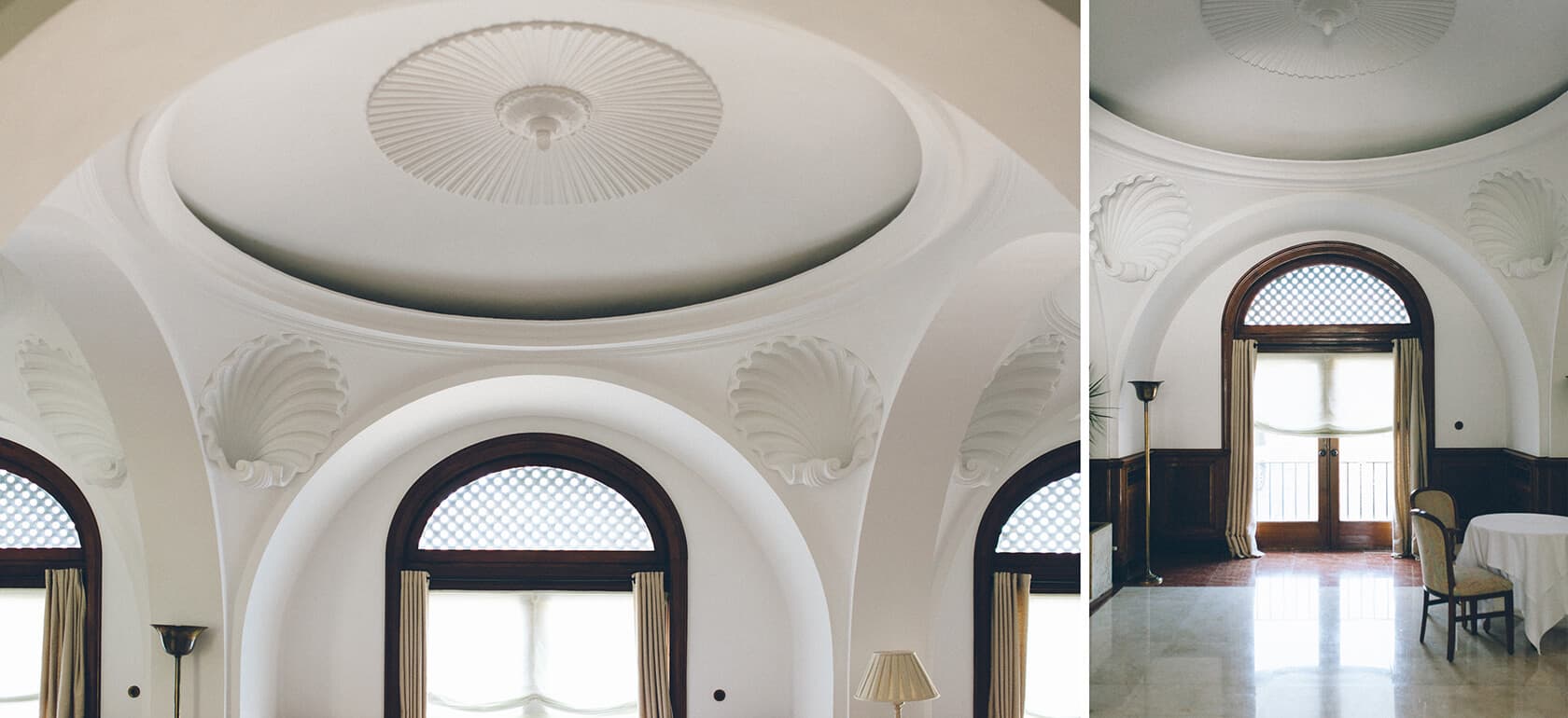 Elegant interior with arched windows and ornate ceiling details, wedding venue in S'Agaro, Spain - Barcelona Wedding Photographer