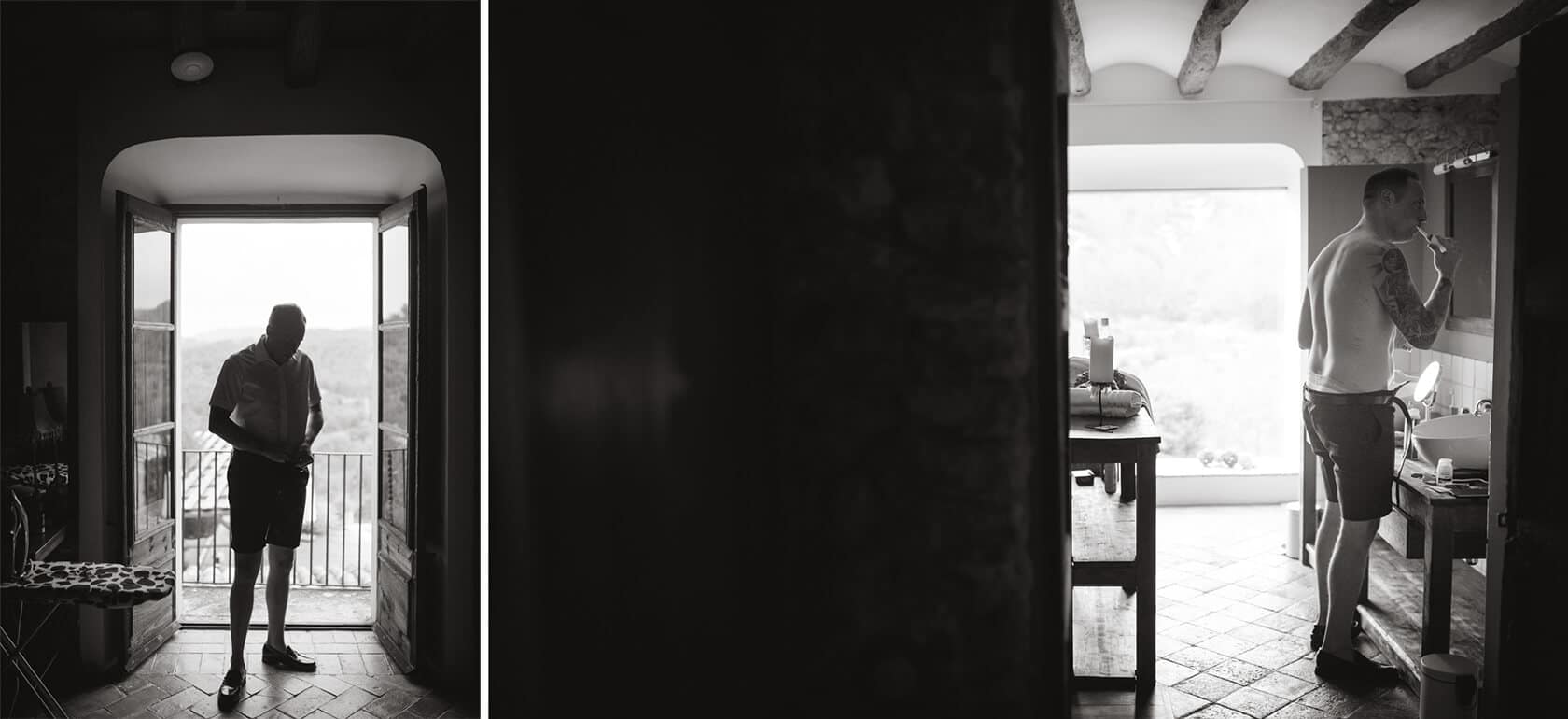 Groom getting ready for a gay wedding in Sitges, brushing teeth. - Barcelona Wedding Photographer