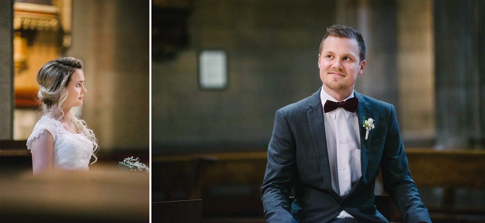 Bride in white lace dress and groom in grey suit with burgundy bow tie at Barcelona wedding. - Barcelona Wedding Photographer