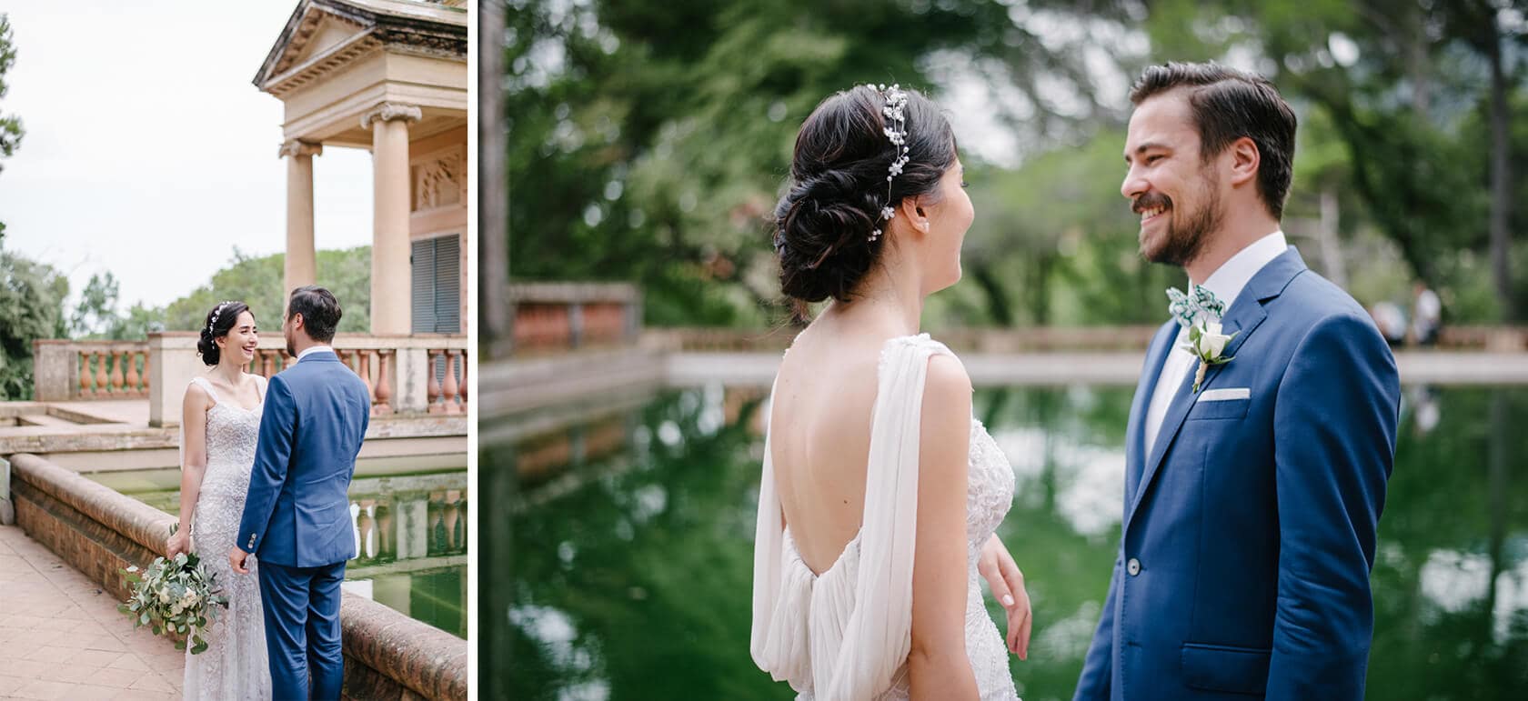 Wedding at Parc del Laberint d'Horta: Bride and groom smile by a pond. - Barcelona Wedding Photographer
