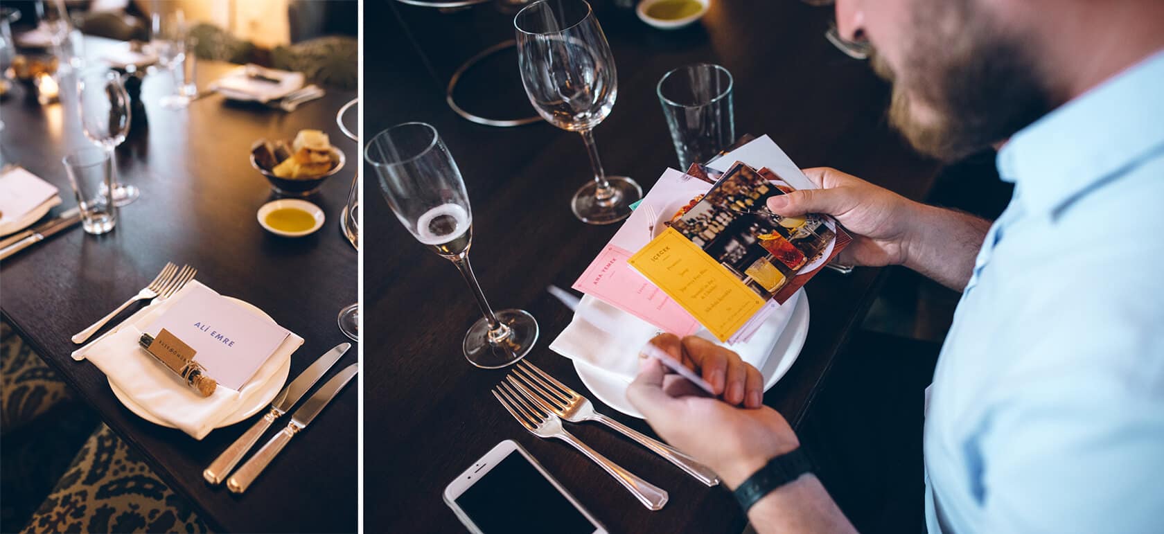 Wedding details at Parc del Laberint d'Horta: menu, place setting, and champagne. - Barcelona Wedding Photographer