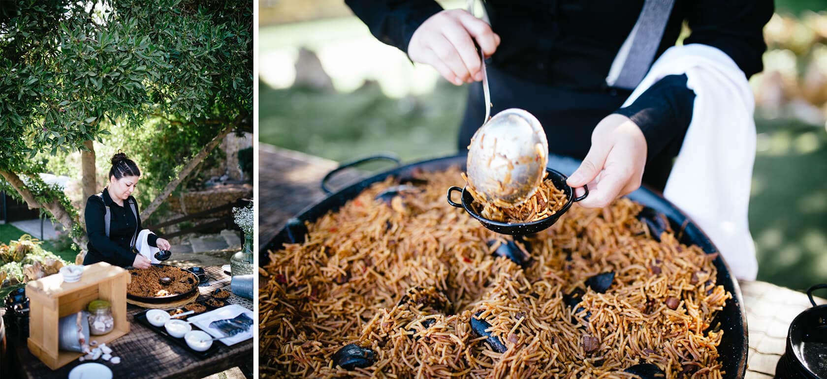 Wedding catering at Castell de Tamarit: chef serving paella at Sitges wedding. - Barcelona Wedding Photographer