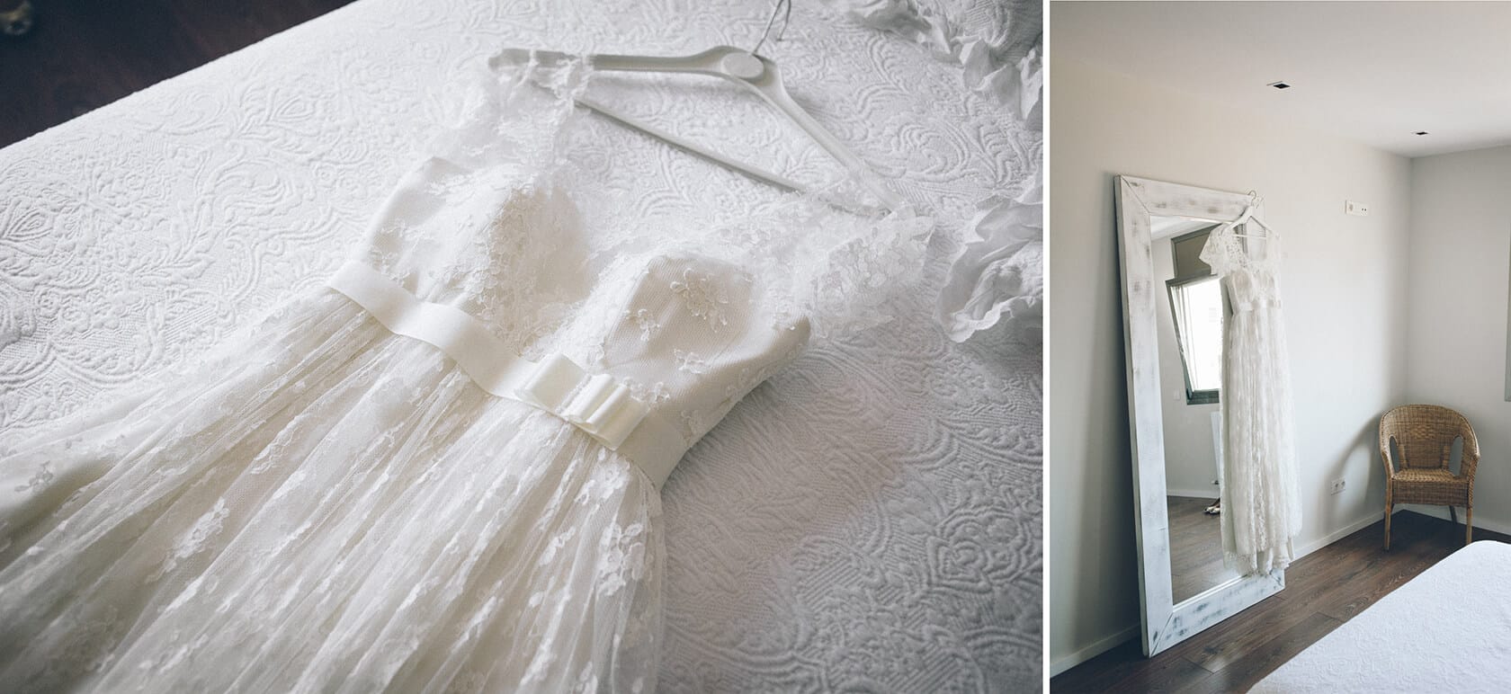 Wedding dress detail on bed, reflection in mirror, Barcelona wedding photographer - Barcelona Wedding Photographer