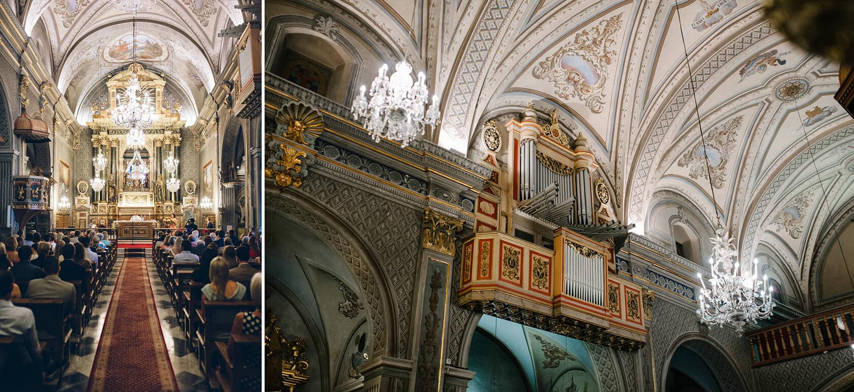 Ornate church interior with pipe organ, chandeliers, and wedding guests, Spain. - Barcelona Wedding Photographer