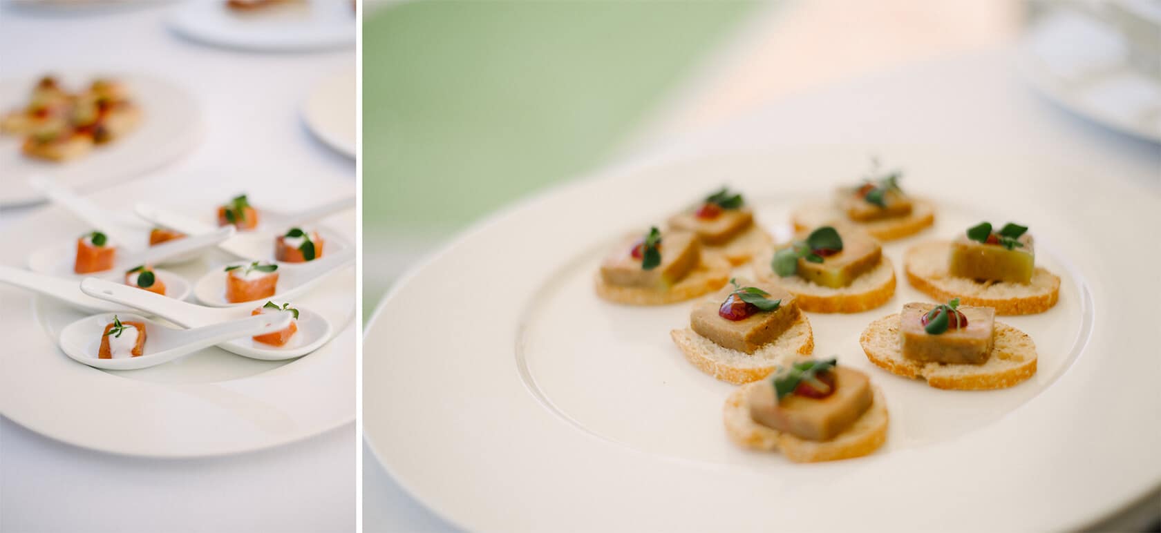 Appetizers for a wedding in Spain: foie gras and salmon bites. - Barcelona Wedding Photographer