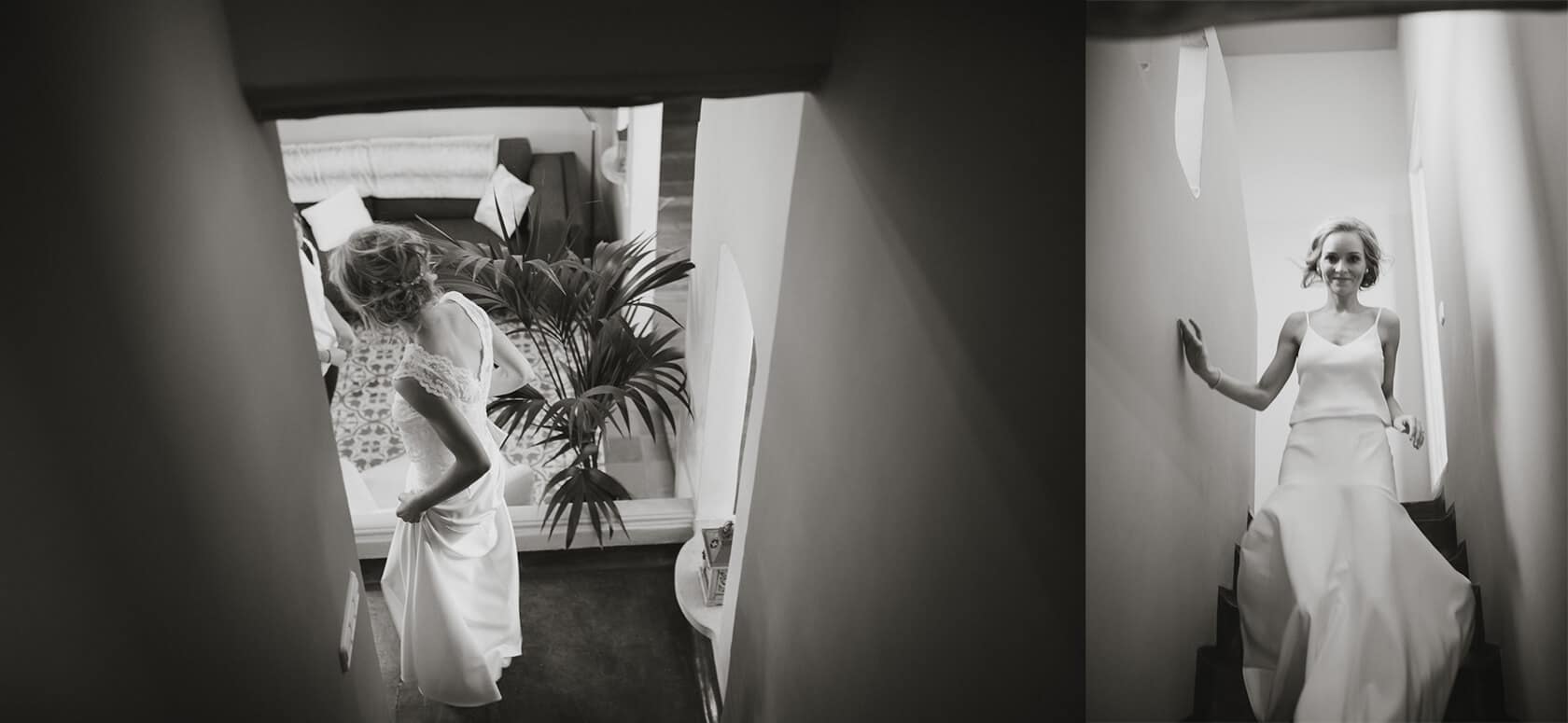 Bride in white dress on stairs at Casanova Estate wedding - Barcelona Wedding Photographer