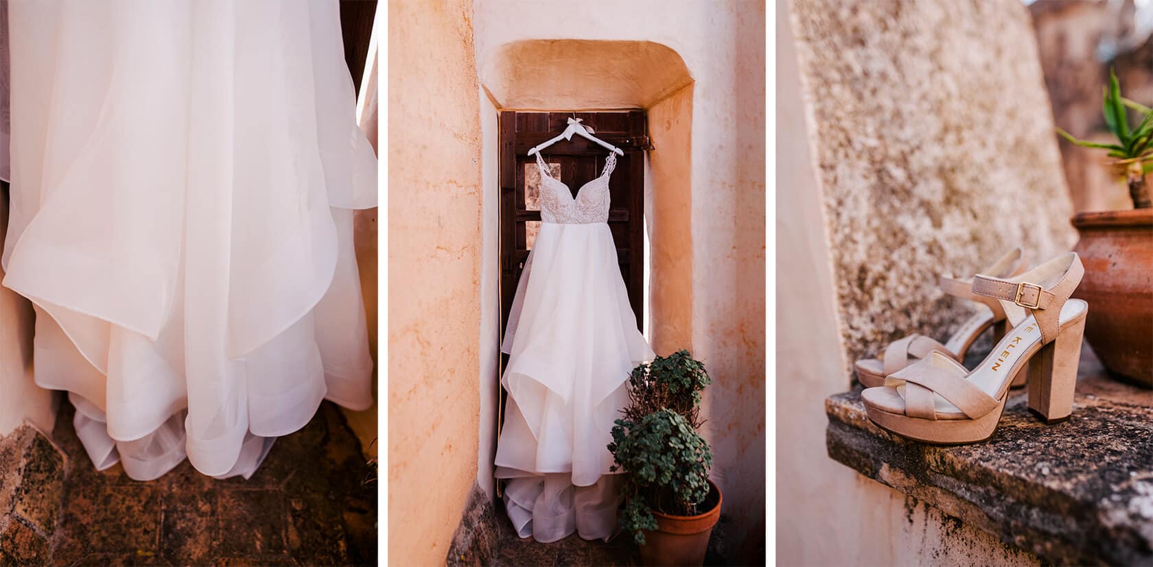 Juliette & Chris's elegant wedding dress and shoes at Torre del Veguer. - Barcelona Wedding Photographer