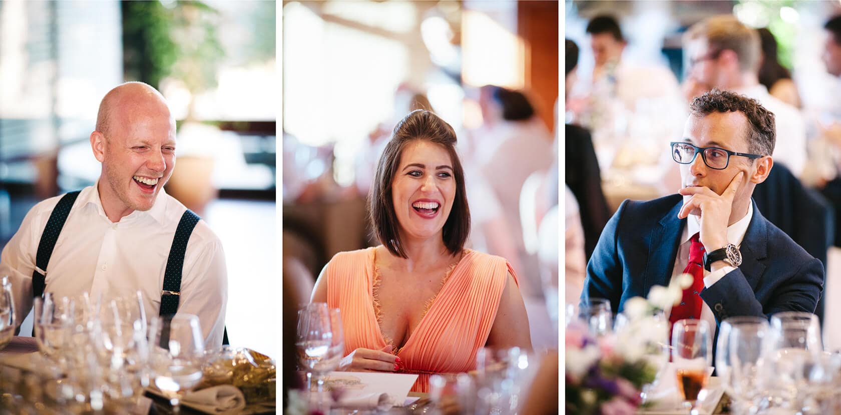 Groom laughing at Castell de Tamarit wedding, bride in peach dress, guest in suit. - Barcelona Wedding Photographer