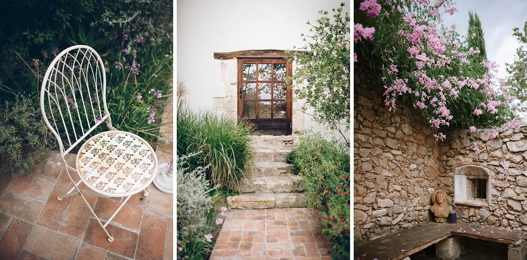 Charming courtyard with wrought iron chair, stone steps, and floral wall, perfect for a gay wedding in Sitges. - Barcelona Wedding Photographer