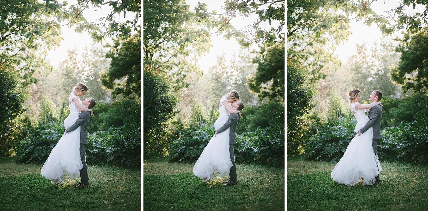 Groom lifts bride in romantic garden wedding portrait - Barcelona Wedding Photographer