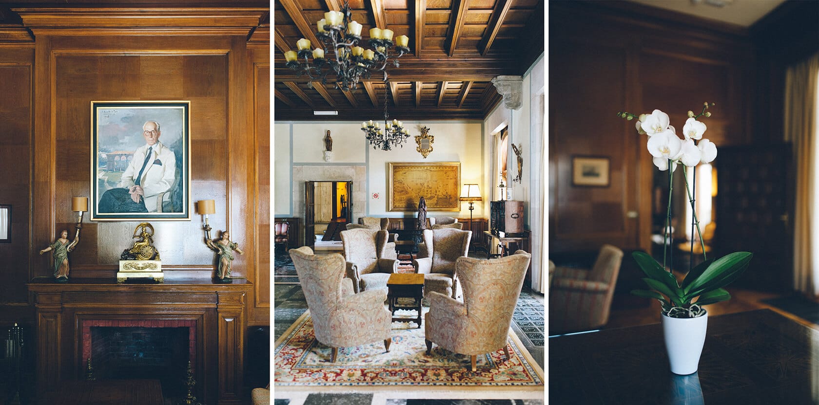 Tsega & Anders wedding: Elegant interior with fireplace, chairs, and orchid - Barcelona Wedding Photographer