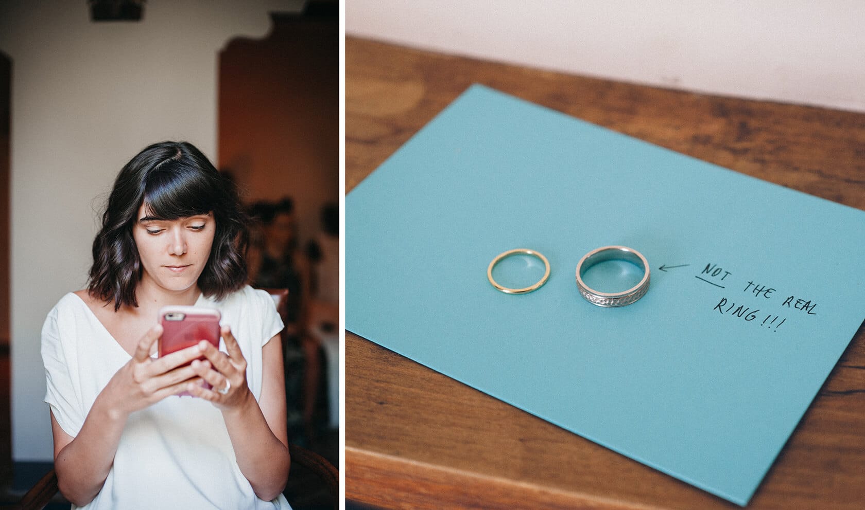 Clara looks at her phone at Villa Almanita, wedding rings on blue card - Barcelona Wedding Photographer