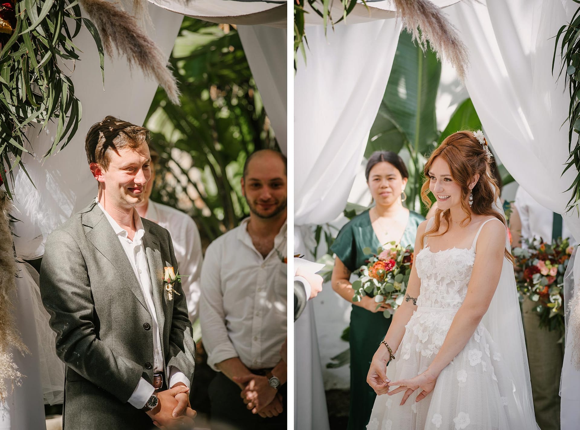 Bride and groom smiling during their outdoor wedding ceremony, Masia Victoria. - Sitges Wedding Photographer