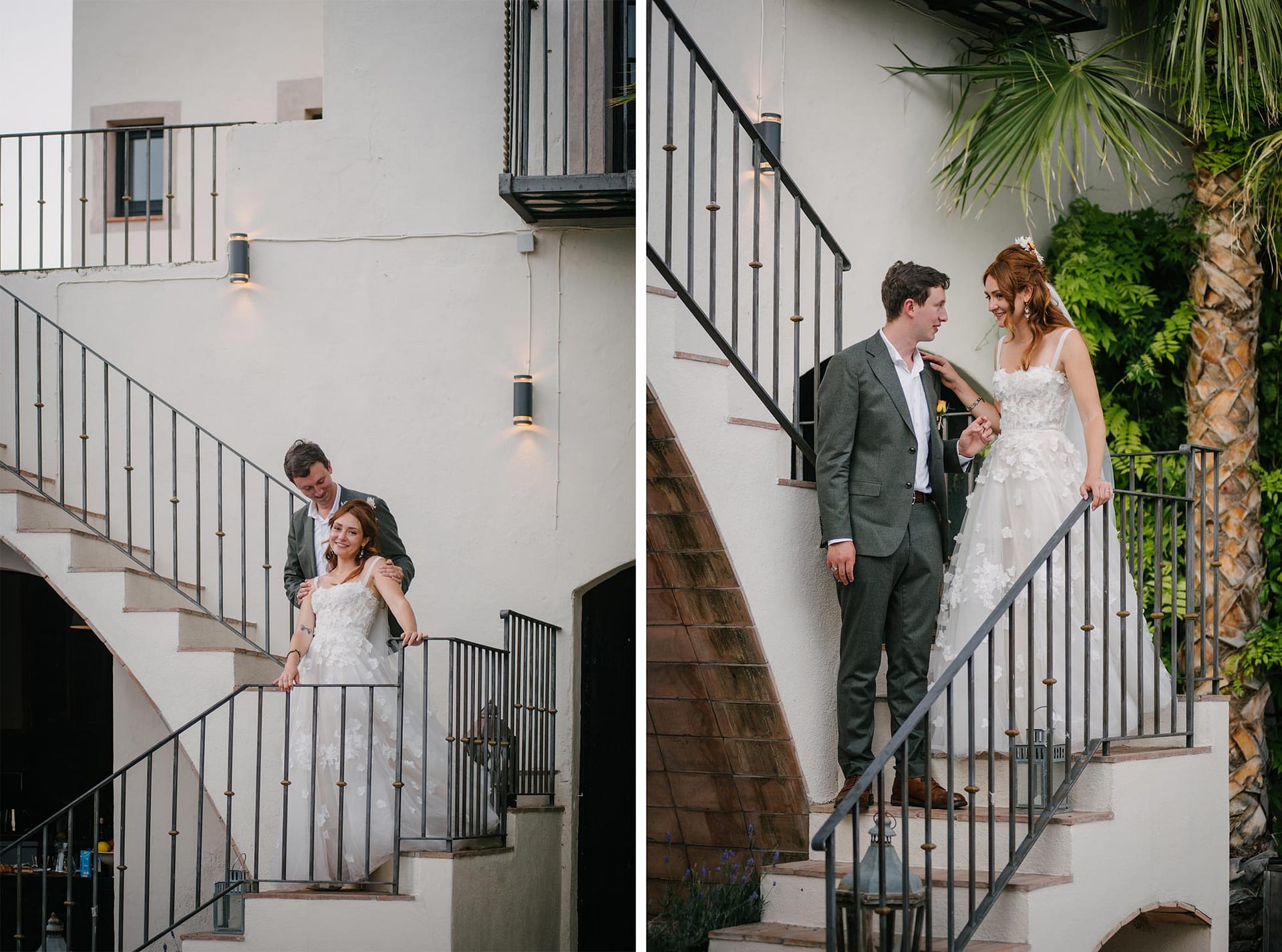 Masia Victoria, a bride and groom, share a moment on a staircase. - Sitges Wedding Photographer