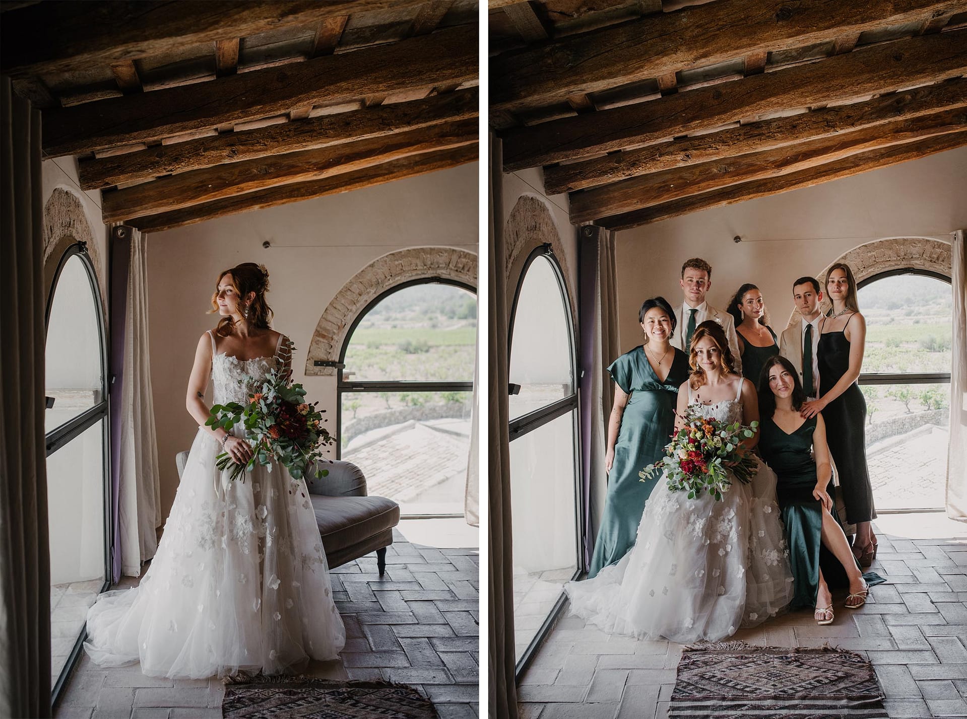 Bride Safia in a floral wedding dress with her wedding party - Sitges Wedding Photographer
