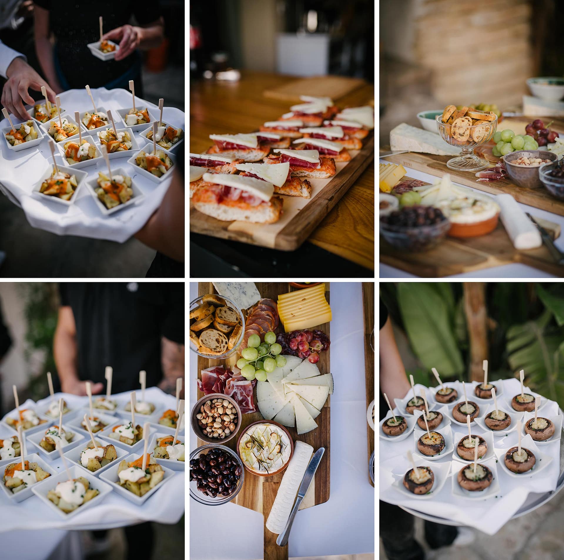 Masia Victoria Assorted appetizers and charcuterie boards at an outdoor event. - Sitges Wedding Photographer
