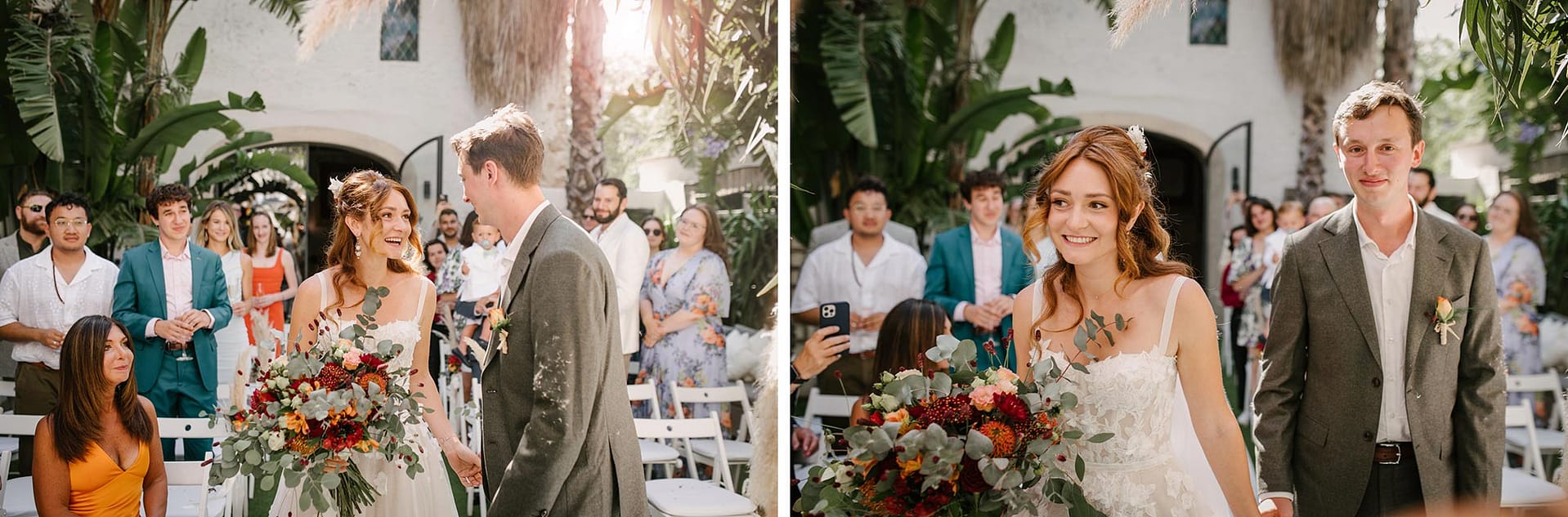 Masia Victoria wedding: bride walks down aisle, groom waits, guests watch - Sitges Wedding Photographer