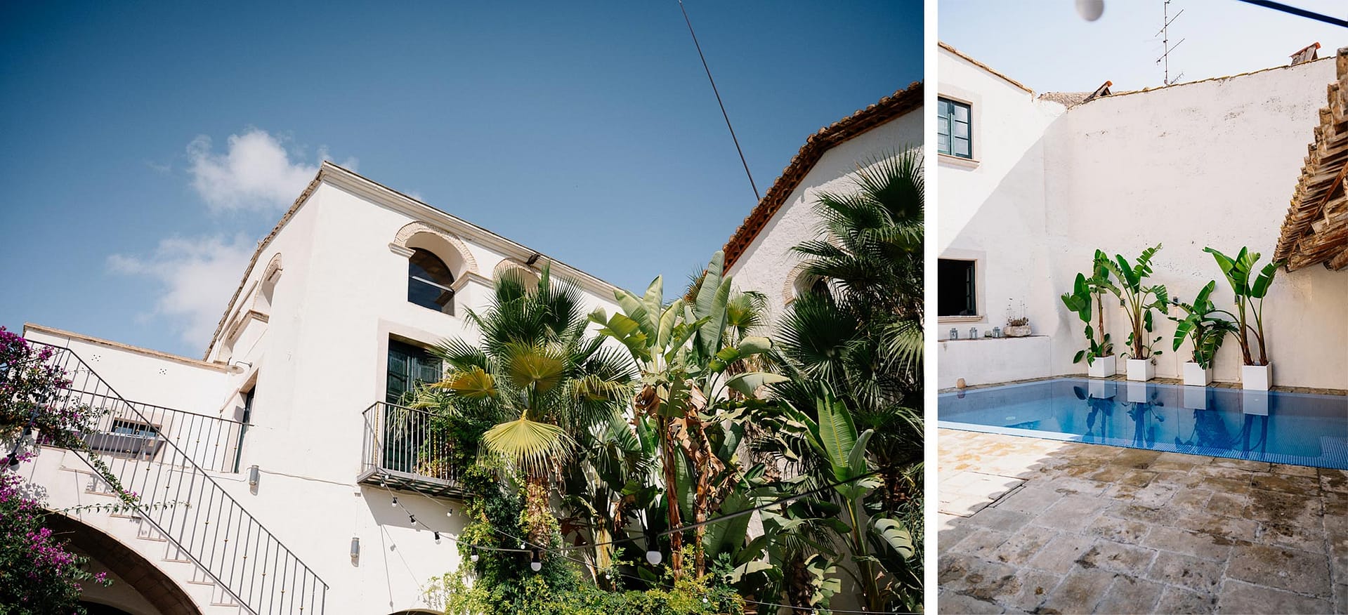 White building with palm trees and a pool, Masia Victoria wedding venue - Sitges Wedding Photographer