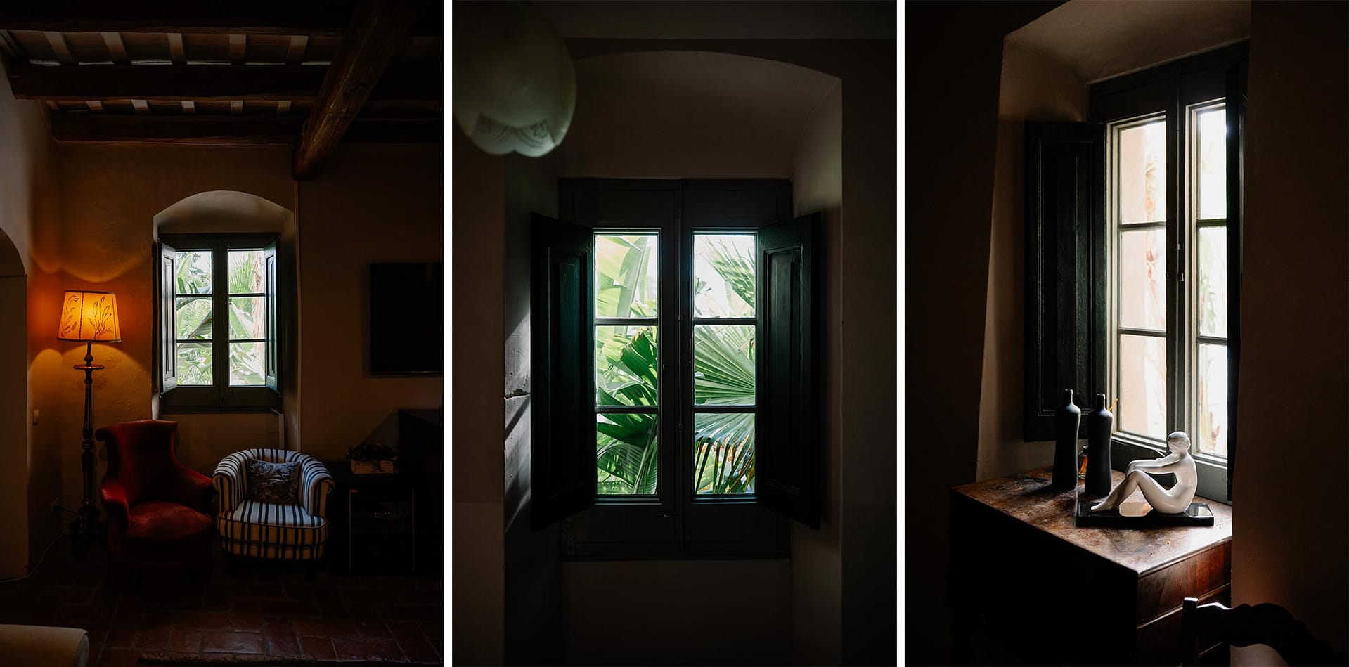 Masia Victoria Interior view of a cozy room with a window, armchair, and lamp. - Sitges Wedding Photographer